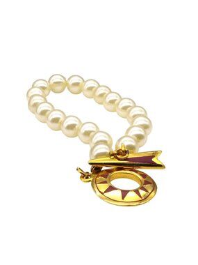 Vintage Faux Pearl Strand Bracelet with Offset Compass Rose Toggle Clasp
